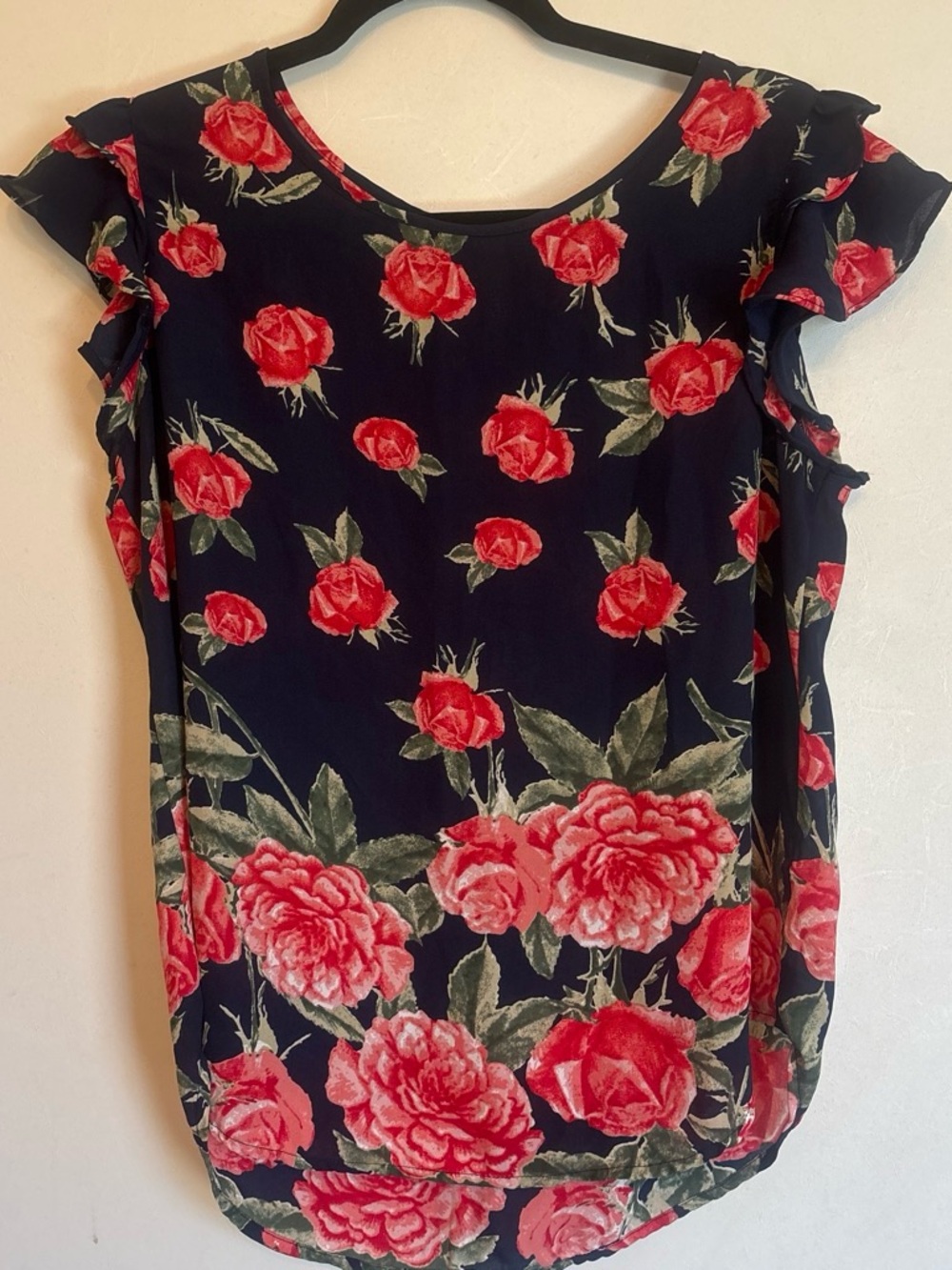 Navy Floral Ruffle Sleeve Blouse with Red Rose Print